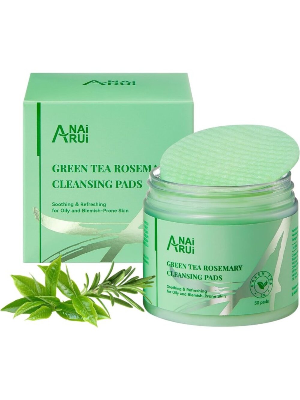 Green Tea & Rosemary Cleansing Pads with CICA & Tea Tree Oil, Exfoliating Face